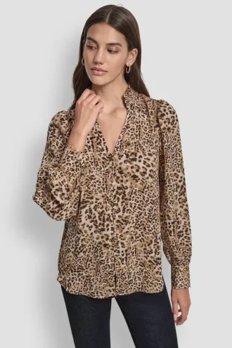 Camisa sin cuello con mangas abullonadas y fruncido