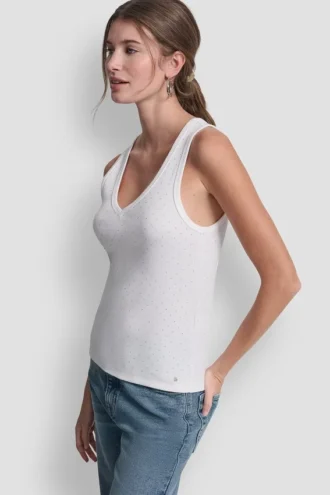 Camiseta sin mangas con cuello en V y pedrería