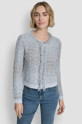 Chaqueta de jerséu de tweed con flecos y cierre frontal con cremallera