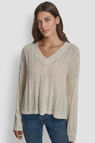 Jerséis con cuello en V y trenzado tipo mohair