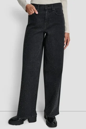 Pantalón de talle alto y pierna ancha con adornos de pedrería