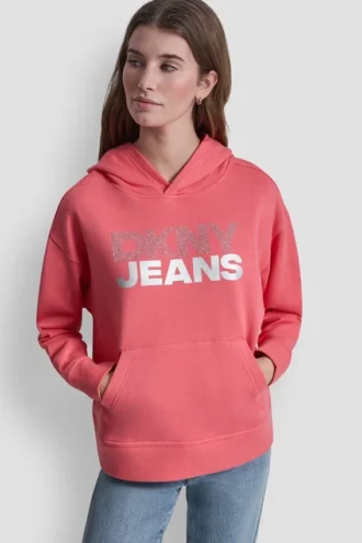 Sudadera con capucha y logotipo de pedrería apilada