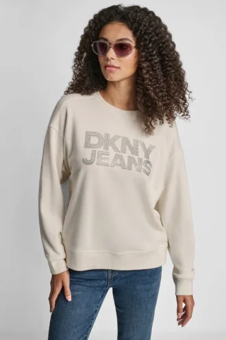 Sudadera de cuello redondo con logotipo de DKNY con pedrería