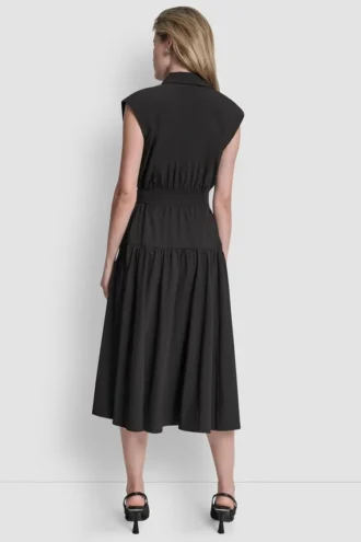 Vestido camisero midi con mangas casquillo y corte acampanado