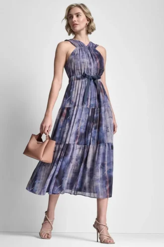 Vestido midi de gasa plisada con lazo en la cintura