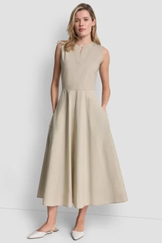 Vestido midi de popelín con cuello en V